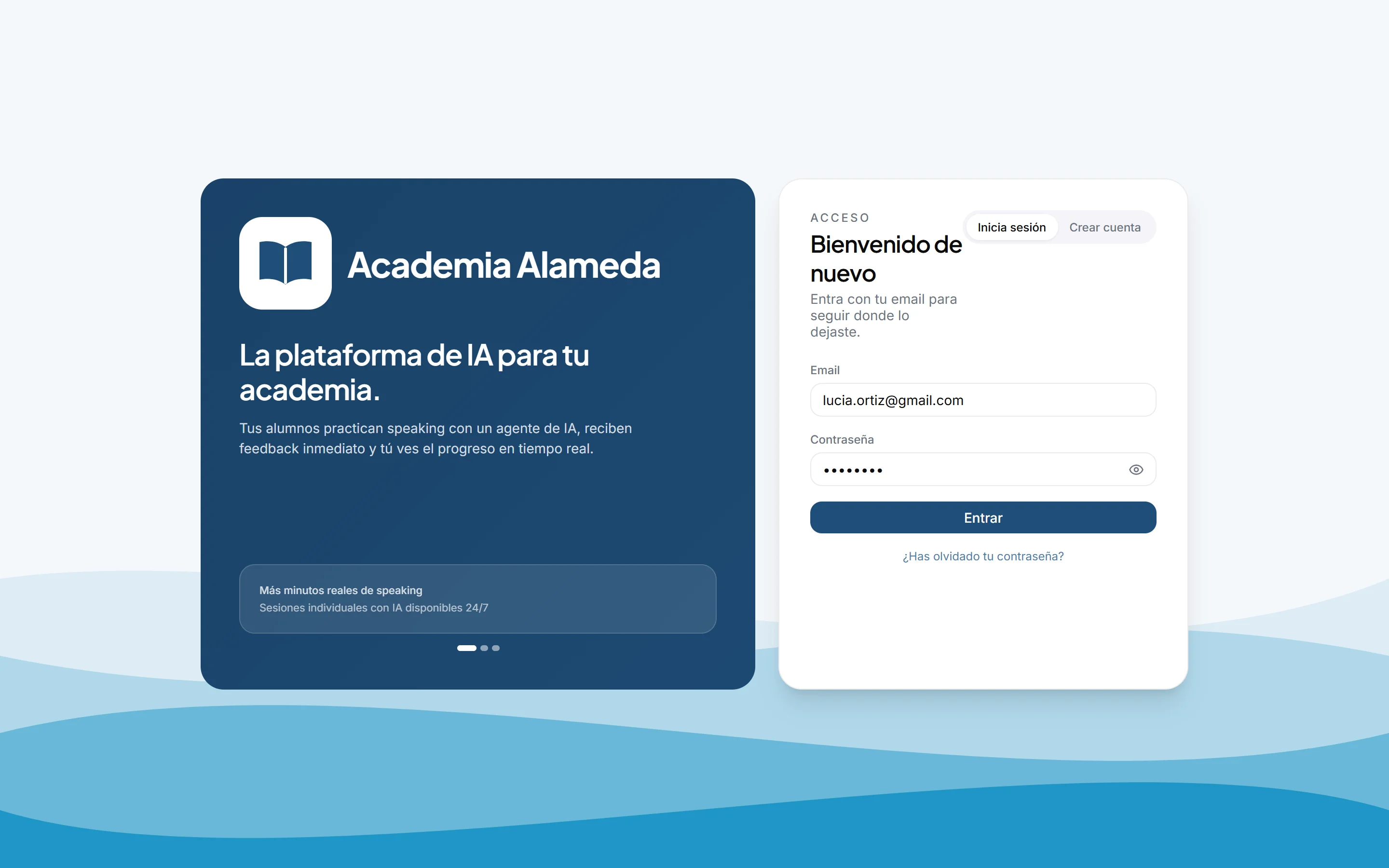 Pantalla de entrada con el logo y los colores de una academia de ejemplo